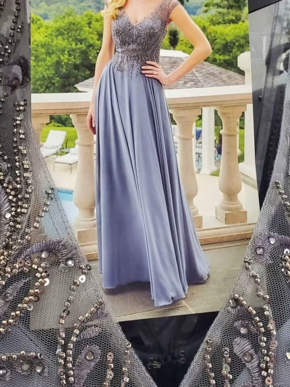 Elegant Formal Lace Bodice Evening Gown Gray Dress SZ 14 Worn Once as MGNY